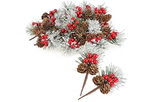 com-four® 20x Deko-Zweig mit Lärchenzapfen, roten Beeren und Baumnadeln - Streudeko weihnachtlich - Dekozweig für Kränze und Gestecke (20 Stück - rote Beeren weiß)