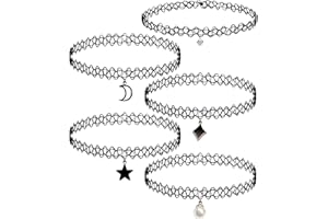 Copbopwn 5 Pcs Black Gothic Choker Necklaces for Women & Teen Girls, Black Choker, Adjustable Elastic Stretchable Tattoo Style Choker Set, Halloween Goth Party Cosplay Layered Jewelry