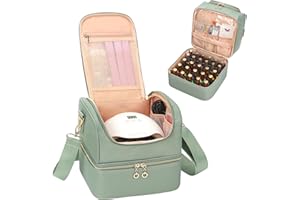 RELAVEL Nail Polish Storage, Double Layer Nail Polish Organiser Bag, Travel Nail Polish Storage Box for 45 Bottles of Nail Polish & One Nail Lamp, Cosmetic Case, Nail Kit Bag, Green, Travel