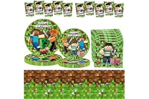 KSOPSDEY Game Party Supplies Tableware , Video Game Birthday Party Decorations ,Kids Birthday Tableware , Theme Style Decoration Includes Party Plates Cups Napkins Tablecloth- Serve 10
