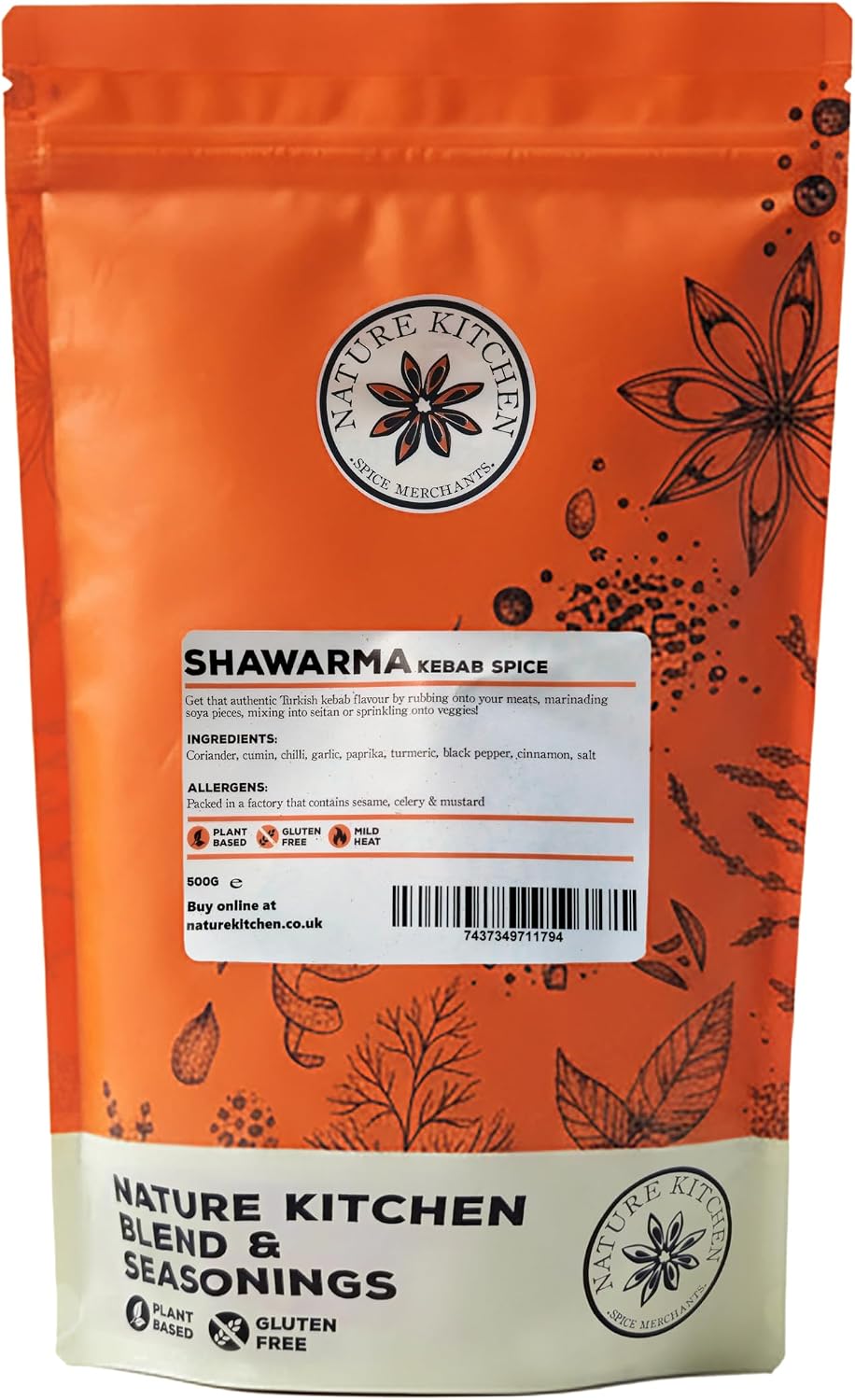 Nature Kitchen Shawarma Seasoning 500g Mild, Premium Middle Eastern Spice Blend, Gluten Free, Vegan Seasoning for Kebabs, Chicken, Wraps, Marinades and Everyday Cooking