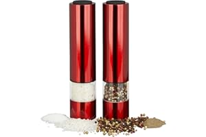 Relaxdays Pfeffermühle Elektrisch, 2er Set, stylisch, mit LED-Licht, Gewürzmühlen, Edelstahl, batteriebetrieben, rot, 5 x 5 x 22 cm ; 299 g