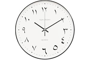 R&M Orient 30 cm arabski zegar ścienny okrągły z przesuwającymi się wskazówkami, bez odgłosów tykania, bezgłośny mechanizm kwarcowy, łatwy do odczytania, duży zegar ścienny do salonu, biura, kuchni, restauracji (czarny/biały)