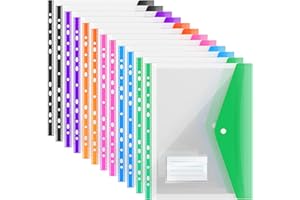 ABC life Set di 12 buste in plastica A4, buste forate estensibili per cartelle A4, trasparenti con chiusura a pressione e custodia per etichette, 6 colori
