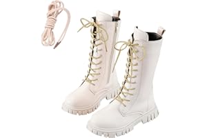 SAXREL Girls Knee High Boots Kids Lace Up Side Zipper Sweet Steampunk Style Thick Rubber Sole Stitching Faux Leather School Shoes Waterproof Combat Shoes 4-11 Years