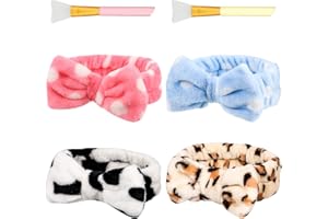 Popuppe 4 Stück Spa Bowknot Haarbänder mit 2er Make-up Pinsel Frauen Coral Fleece Elastisches Stirnband für Duschen Gesicht Waschen Sport Hautpflege