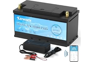 KEPWORTH Batterie Lithium 12V 100Ah, Batterie LiFePO4 avec Protection 100A Smart Bluetooth BMS et 4000+ Cycles Profonds, sans Entretien Parfait pour Camping-Car, Solaire, Bateaux, Hors-Réseau