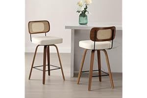 Bekrvio Swivel Counter Height Bar Stools Set of 2, 65CM Upholstered Rattan Backrest and Bent Wood Legs, Mid Century Modern Bar Chair Island Stool for Kitchen Counter, White