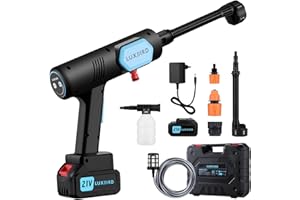LUXBIRD Akku Hochdruckreiniger mit 1 Batterie, 21V tragbare elektrische Waschpistole mit 6-in-1 Sprühdüse, Einstellbarer Wassersäulenbereich, 45 Bar Max, mit Werkzeugkoffer für Autos, Böden, Fenster