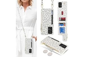 SailorTech Handyhülle für Samsung Galaxy A53 5G Etui mit Kartenfach, Samsung Galaxy A53 5G Hülle mit Verstellbarer Halskette, Samsung A53 5G Handytasche mit Reißverschluss Geldbörse-Weißer Leopard