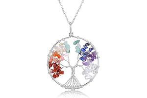 Jovivi Bijoux Pendentif Collier 7 Pierres Chakra Naturelles DIY Arbre de la Vie en Cuivre Fil Forme Rond Perles Pierre Precieuse d'Energie