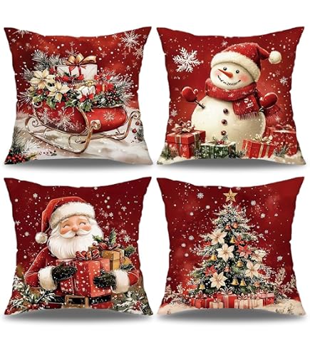 Federa Per Cuscino Rettangolare 55x55 Cm Con Gufo E Cappello Di Natale – Scritta Seasons Greetings Merry And Bright
