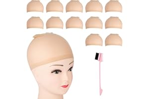 MIFELOY 12 Stück Perückenkappe Set, Damen Nylon Hair Wig Cap Haarnetz Perücke Kappen für Cosplay, Unterziehhaube Atmungsaktive Dehnbare Perückennetz, Hellbraun Netz Perückenkappen mit Doppelkanten Bürste Kämm