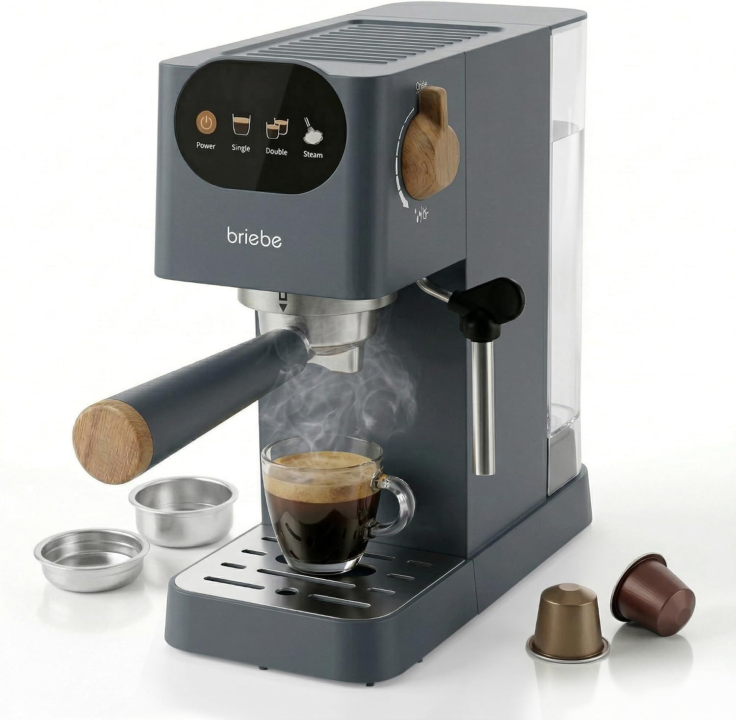 briebe Nordic Cafetera Espresso 20 Bares Compatible Cápsulas Nespresso y Café Molido, Máquina Café Semiautomática Profesional 1350W, Espumador Leche, Pantalla Táctil, 1,2L, Diseño Nórdico, Gris