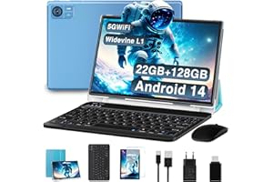SUAAT Tablet Android 14 10 Pollici 22GB RAM+128GB ROM(1TB TF), 8000 mAh,Octa-Core T606,2.0Ghz, WiFi5G+2.4G, GPS, 8MP + 5MP, Bluetooth 5.0,Cast, Tablet PC con Custodia, Tastiera e Mouse, Blu