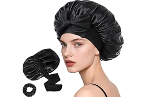 Loomify Gorro de Seda para Dormir, Gorro Saten Pelo Rizado, Bonnet de Satén Ajustable de Dos Capas, Gorros de Noche para Mujer y Niña (Negro)