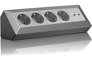 VOREX Regleta de Esquina Schuko, USB, para Cocina, Oficina, Taller, Ideal para encimeras de Cocina, Tomas sobresalientes o encimeras, sin Cables, de plástico, Gris