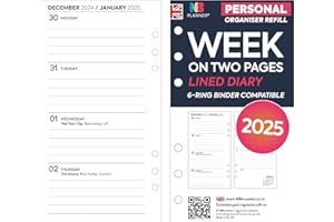 NBPLANNER Agenda 2025 de tamaño personal, semana en dos páginas, con forro blanco, días festivos del Reino Unido, compatible con Filofax tamaño personal (2025 rayado)