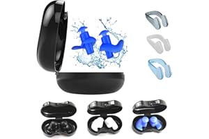 YongHang 3 Paires Embouts d'Oreilles Silicone avec 3 Clips Nez Bouchons Réutilisables Natation pour Adultes Enfants Surf Snorkeling Sports Nautiques (noir, blanc, bleu)