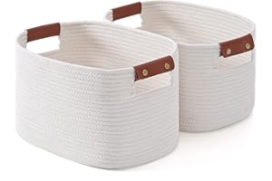 GYBOOM Woven Cotton Rope Storage Basket,Decorative Baskets with Detachable Leather Handles for Closet Storage,Woven Baskets For Toy Storage, Blanket Storage(2 pack, White)