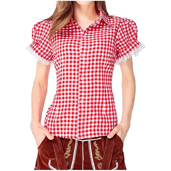 Oktoberfest Dirndl Bluse Rot Kariert - Traditionelle Trachtenbluse Mit Spitze