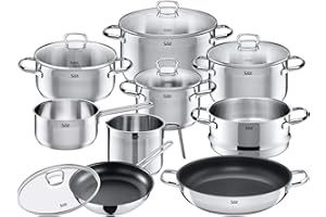 Silit Toskana Topfset induktionsgeeignet 10-teilig, Kochtopf Set mit Glasdeckel, Induktionskochtöpfe, Milchtopf, Dämpfer, Pfanne, Edelstahl teilmattiert, Induktions Töpfe Set unbeschichtet