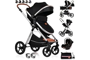 BAYOBAY Baby Pram Pushchair Buggy Stroller 3 in 1 with Car Seat Child Lightweight Folding Stroller 3 in 1 Travel System Pram for Newborns Toddlers from Birth New 2026 Style FREEBIES (BBC - Black Silver, BBC)