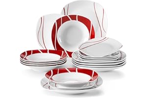MALACASA Dinner Sets, 18-Piece Red Stripes Plate Set with 6-Piece Dinner Plate/Soup Plate/Dessert Plate, Porcelain Dinnerware Set Service for 6, Series Felisa, Ivory White