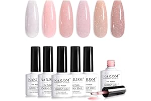 RARJSM Nude Glitter Gel Nail Polish 6pcs Set Sparkly Rainbow Shimmery Nail Gel Polish Iridescent Pigment Jelly Sheer Gray Pink Milky Peach Purple Translucent Natural Skin Tone Color 7.5ml Soak off