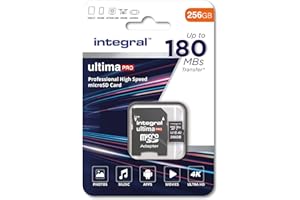 Speicherkarte 256 GB microSDxC UltimaPro, sehr hohe Geschwindigkeit bis zu 180 MB/s Lesen, 130 MB/s Schreiben, Klasse 10, V30, UHS1, U3, A2, SD-Adapter, von Integral Memory