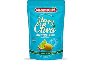 Madama Oliva Olive Verdi Giganti Denocciolate 80g, Varietà Halkidiki, Gusto Lime e Pepe Rosa, Lavorazione Sivigliana, Senza Conservanti, Atmosfera Protettiva, Pratiche Bustine Easy Open
