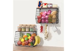 Hykiee Porta Frutta da Tavolo Cucina da Appendere e Impilare, 2 Pezzi Metallo Portafrutta a Ripiani Cestino Frutta, Organizer per Verdura Cesto Portafrutta con Coperchio in Legno e 4 Ganci