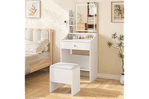 Dripex Schminktisch mit Beleuchtung, Kosmetiktisch mit Hocker und Spiegel, 3 Farben mit Einstellbarer Helligkeit, Vanity Desk für Make Up, 62x150 cm, Weiß (62Bx150H)