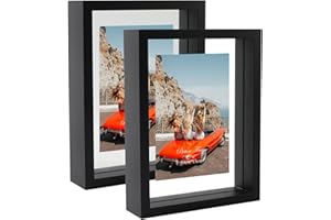 EXYGLO Juego de 2 Marcos de Fotos 10x15 cm Flotantes, Marco de Fotos Doble Cristal, Marco Doble Care para Colgar en la Pared o de pie Sobre la Mesa, Muestra Fotos de Hasta 15x20cm,Negro Clásico