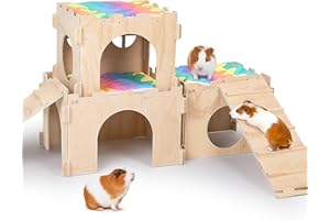 BeBeJoJo Cabane en Bois pour Cochons d’Inde, Maison Cachette pour Petits Animaux avec Rampe, Plusieurs Portes et Fenêtres, Accessoire pour Hamsters et Autres Petits Animaux