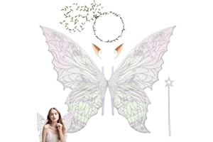 Kezidhp Feenflügel Kostüm Set mit Schmetterlingsflügel, Elfenohren, Blumenkranz & Sterne Zauberstab – Feenflügel Erwachsene & Kinder, Ideal für Halloween, Karneval, Cosplay & Geburtstags-Party