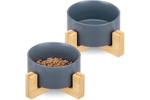 Navaris Comederos para Perros elevados - 2X Comedero de cerámica para Perro y Gatos Cachorros - con Soporte de bambú Antideslizante - Azul