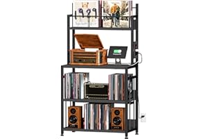 EasyCom Record Player Stand with Vinyl Storage, Turntable Stand Holds Up to 300 Albums, Large Record Player Table with Charge Station, Vinyl Record Stand for Living Room Bedroom, Black