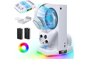Support de Refroidissement & Charge pour Xbox Series S avec Lumière RGB, MENEEA Ventilateur de Refroidisseur & Chargeur Accessoires avec 2*1400mAh Batteries Rechargeables, Crochet pour Casque D'écoute