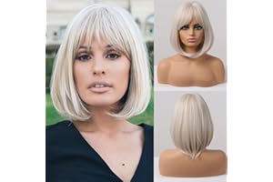Kellynee White Bob Wig with Bangs - Short Straight Platinum Light Grey Wigs for Women, Synthetic Heat Resistant Hair, Best Cute Wigs for Daily/Halloween/Party/Cosplay