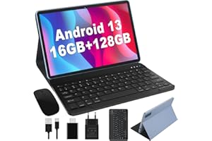 JUSYEA Tablet 10 Pulgadas 16GB RAM + 128GB UFS ROM Android 13 (1TB TF), 8 Núcleos 2.0GHz, WiFi 5G, GPS, Bluetooth 5.0, Cámara 13MP + 5MP, Batería 8000mAh, con Funda, Teclado y Ratón, Azul