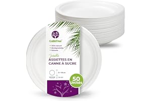 GOBETREE 50 assiettes jetables rondes en bagasse de canne à sucre blanches de 18 cm. Assiettes en papier jetables extra-résistantes, pour camping, pique-niques, fêtes, barbecues, anniversaires