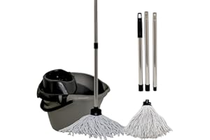 KMJ Gray Heavy Duty Mop and Buckets Sets (2 Mop Heads & 1 Steel Pole) with Detachable Wringer-Classic Plastic Mop and Bucket-Sturdy Plastic Buckets and Floor Mops-Super Absorbant Microfibre Cotton Mop