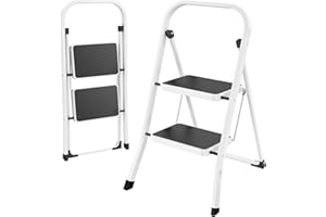 HBTower Escabeau 2 Marches Pliable – Petit Escabeau Fait en Acier Alliage, Marches Antidérapantes, Épaisseur Pliée 4,5 cm, Charge 150 kg, sans Montage – pour Cuisine, Garage & Bureau