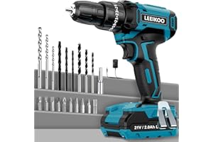 Taladro Percutor a Bateria 21V, LEEIKOO Atornillador Electrico, 42N.m Taladro Atornillador Bateria con 1 Batería 2.0Ah, 25+3 Ajuste de Par, 20 Accesorios, 2 Velocidad, Para Hogar