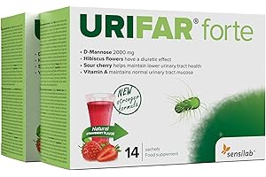 Sensilab Urifar Forte | Délicieuse boisson à la fraise à base de D-Mannose, vitamine A, hibiscus et extrait de cerise griotte pour les voies urinaires | 28 sachets
