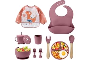 VACVAD Baby Weaning Set, 11PCS Silicone Baby Plate with Suction Cup, Silicone Baby Bib, Spoon, Fork & Sippy Cup, Baby Tableware - Baby Dinnerware Set, Baby Gifts & Presents (Pink)
