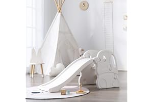 HOOGA PLAYROOM Freestanding Kid's Slide with Toddler Car Design - Indoor and Outdoor Play Slide for Children from 2 Years (White)