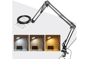 Jubor Lupa ze światłem, 15X 10X lampa biurkowa z lupą z zaciskiem i 3 obrotowymi ramionami, lampa biurkowa LED z lupą z 3 trybami kolorów z możliwością ściemniania do hobby, rękodzieła, napraw