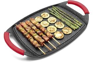 MGE WORLD MGE - Plancha/Poêle Grill - Plaque Anti-Adhésive - Plaque de Cuisson - Poêle Grill à Induction avec Poignée en Silicone - Poêle Adaptée à toutes les Cuisinières - Induction - Effet Pierre - 36 x 23 cm